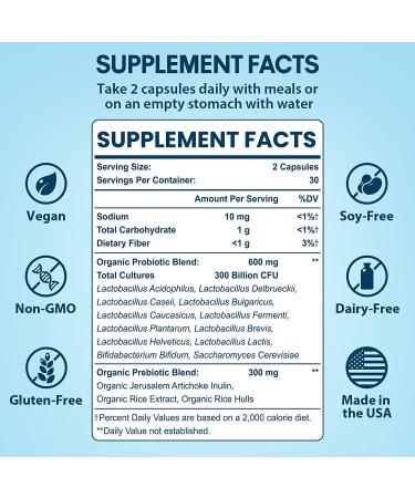 300 Billion CFU Probiotics for Women and Men | 12 Strains Probiotics with Organic Prebiotics | Digestive & Gut Health Support | Immune Boost | 60 Capsules - Buy Online on GoSupps.com