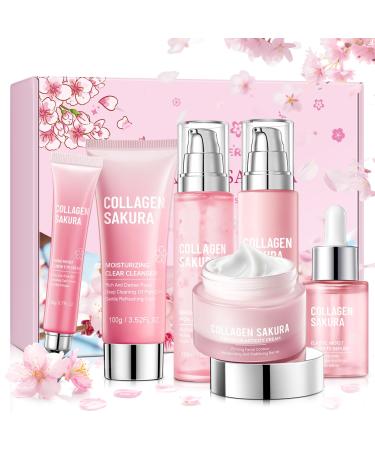 Collagen Sakura Skincare Gift Set, Cherry Blossom Skin Care Set for Teen Girls & Women, Moisturizing & Revitalizing Skin, 6Pcs Collagen Skin Care Routine Kits for Face, Korean Daily Skin Care 6PCS(Gift Box) Pink