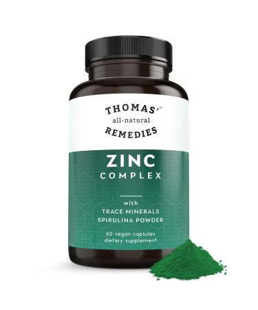 Thomas All-Natural Remedies Zinc Complex 26mg 6 Zinc Forms for Maximum Absorption + Spirulina Immune & Skin Support Trace Minerals - 60 Capsules - Vegan No Fillers Made in USA