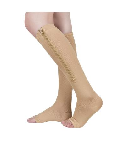 2 Pairs Zipper Compression Socks 15-20 mmHg for Men Women, Open Toe(Beige, X-Large) Beige Large (4 Count)