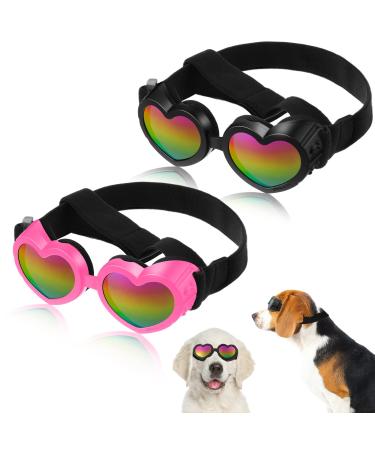 2 Pcs Dog Sunglasses Heart Shape Dog Goggles Small Medium Breed Dog Eye Protection Goggles Anti Fog Glasses with Adjustable Strap for Dog Pet Windproof Foldable Eye Wear (Black, Pink)