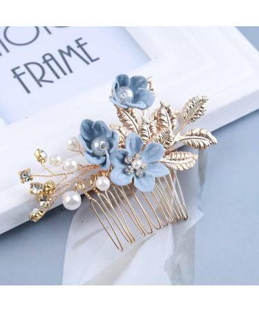 Dervivea Bridal Leaf Flower Hair Comb Pearl Wedding Hair Combs Blue Flower Side Comb Rhinestone Crystal Headpiece Decorative Hair Accessories For Women And Girls Headdress (Blue flower) - Buy Online on GoSupps.com