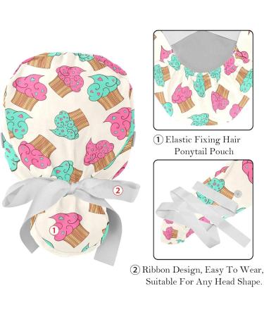 2Pcs Colorful Cupcakes Nurse Scrub Caps for Women with Button and Sweatband - Buy Online on GoSupps.com