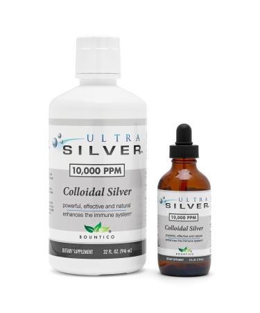 Ultra Silver Colloidal Silver | 10 000 PPM 32 Oz (946mL) | Mineral Supplement | True Colloidal Silver - 4 oz Dropper Bottle (Empty) Included for Dispensing!