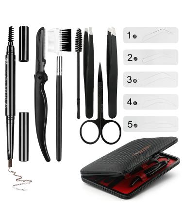 Eyebrow Grooming Suit Kits - 13 PCS Stainless Steel Eyebrow Scissors Utility Tools, Professional Eye Brow Groom Set with Eyebrow tweezers, Shaping Razor, Pen, Brush, DIY Shape Card (LIGHT COFFEE)