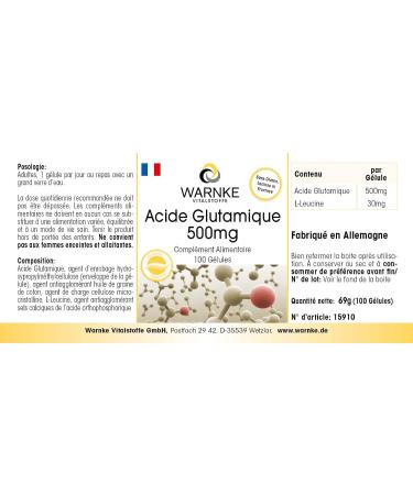 Glutamic Acid 500mg - 100 Capsules | Warnke Vitalstoffe - High-Quality Amino Acid Supplement - Buy Online on GoSupps.com