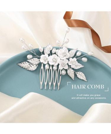 Edary Bride Wedding Hair Comb Silver Flower Headpiece Pearl Wedding Hair Clip Bridal Rhinestone Hair Accessories for Women and Girls - Buy Online on GoSupps.com