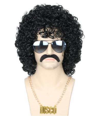 Topcosplay 3 PCS Men's Wig 70s 80s Disco Dude Dirt Bag Wig & Moustache Necklace Short Curly Afro Shaggy Wig Blonde Mixed Black (Black Wig)