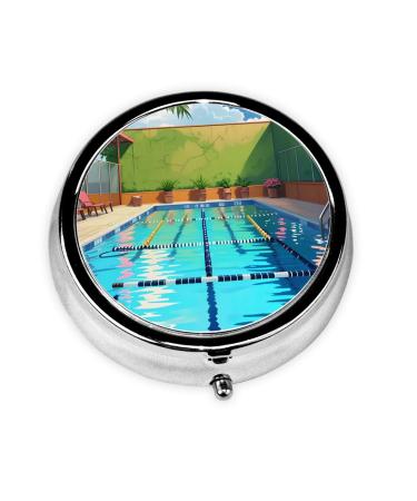 Flamingo and Swimming Poolround Pill Box 3 Compartment Round Pill Box Organizer &Portable Travel Pill Box for Traveling.