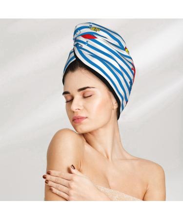 Hair Towel Wrap - Quick Drying Towel Turban with Button | Funny Crab Design on Blue Stripe - Buy Online on GoSupps.com