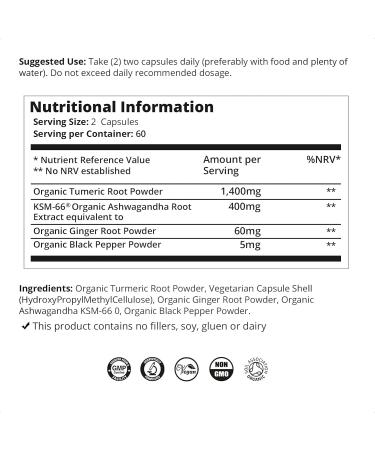 Organic Turmeric Capsules with Ashwagandha & Ginger - 1800mg High Strength Formula for Adaptogenic Support - 120 Vegan Tablets by Wellology - Buy Online on GoSupps.com