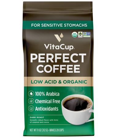 VitaCup Perfect Low Acid Coffee Ground, USDA Organic & Fair Trade, Mycotoxin Free, Dark Roast Guatemala Single Origin, Clean & Pure for Drip Coffee Brewers and French Press, 11 ounces Ground Coffee 1 Bag