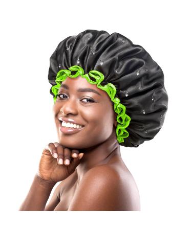 Mikimini extra large black shower hood for women and men thick braids for long hair reusable waterproof double-layer XL bathroom hood with bright green border XL (1 piece) black+green - Buy Online on GoSupps.com