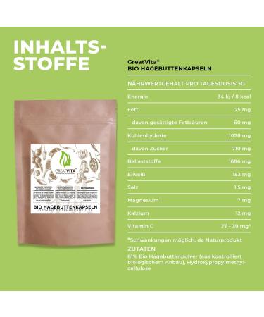  GREAT VITA GreatVita Organic Rosehip Capsules | 500 mg / Powder Tablets | Daily Dose 3000 mg | 100% Pure No Additives | Laboratory Tested European Culture (DE- KO-037) - Buy Online on GoSupps.com