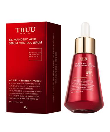 TRUU 5% Mandelic Acid Sebum Control Serum - Targets Enlarged Pores and Oily Skin with Mandelic and Salicylic Acid - Exfoliates Rebalances Oil Reveals Radiant Complexion | 1.1 Oz