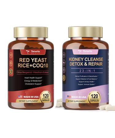 Totaria Red Yeast Rice 2 000mg with CoQ10 Supplement + Kidney & Liver Cleanse Detox & Repair Capsules