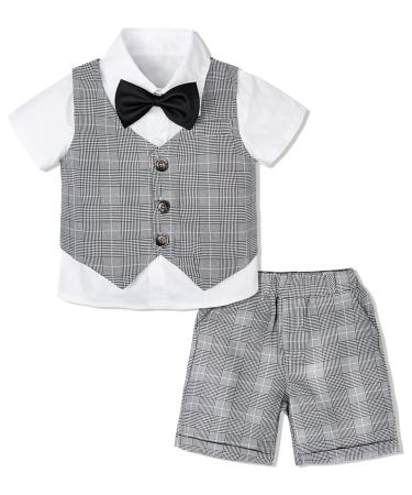 mintgreen Baby Boys 3 Pieces Outfit Gentleman Suit Set Shirt & Bowtie & Waistcoat & Shorts Size:1-6 Years 2-3 Years Grey