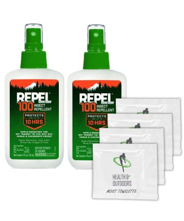 Repel 100 Insect Repellent, Pump Spray, 4-Ounce (2 Pack W/ 4 HAO Wipes)