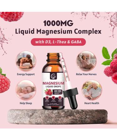 (2 Pack) Magnesium Glycinate Liquid Drops | 1000mg Liquid Magnesium Complex with D3 L-Thea & GABA for Energy Sleep Nerve and Heart Health High Absorption Raspberry Flavor - Buy Online on GoSupps.com