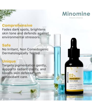 Minomine 2% Alpha Arbutin with Ferulic Acid Face Serum | Hydrates and Improves Skin Appearance | Lightweight Daily Serum | Suitable for All Skin Types | Men & Women 30ml - Buy Online on GoSupps.com