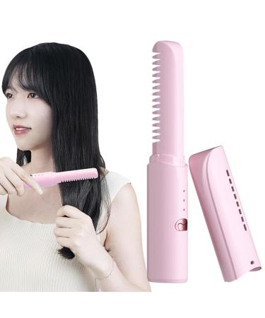 Rechargeable Hair Straightener Wireless Hair Straightener Comb with 3 Levels Temperature Hair Straightening Brush Volumizing Hot Brush Create Root Portable Hair Straightener and Curler Brush (Pink)