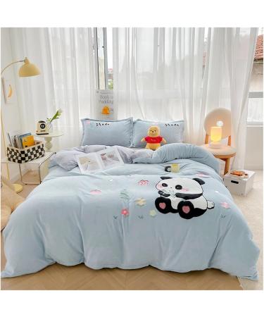 Cute Cartoon Bear Panda Applique Embroidery Velvet Fleece Bedding Set Singl Double Queen King Duvet Cover Bed Sheet Pillowcases Bedding Set (C 4pcs) - Buy Online on GoSupps.com