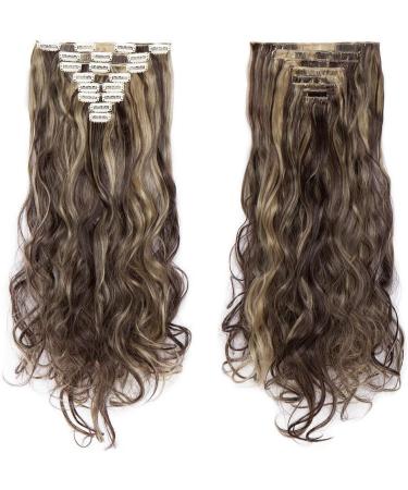 8Pcs Clip in Hair Extensions 24inch Curly Wavy Brown Synthetic Hairpiece - Dark Brown & Golden Brown - Buy Online on GoSupps.com