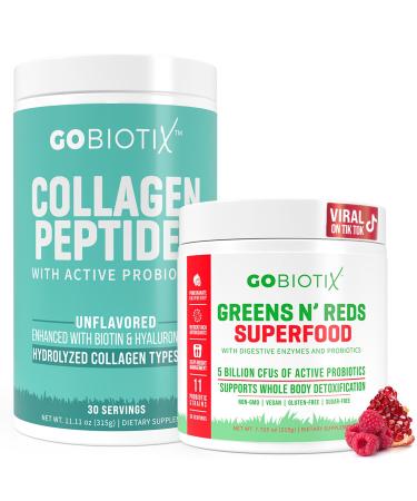 GOBIOTIX Super Greens & Collagen Bundle - Vitality Boost with Organic Spirulina & Hair-Skin-Nails Support - 30 Servings Each