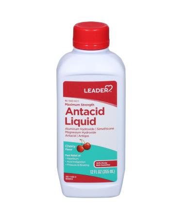 Leader Maximum Strength Antacid Liquid with Aluminum Hydroxide Simethicone Antacid/Antigas for Heartburn Acid Indigestion Pressure & Bloating Cherry Flavor 12 FL oz Cherry 12 Fl Oz