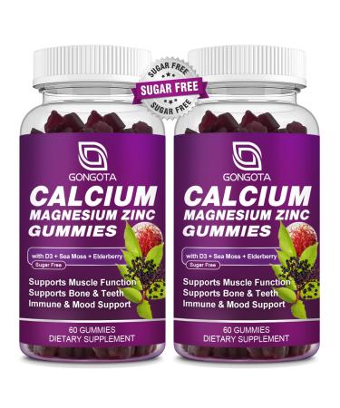 Calcium Magnesium Zinc with Vitamin D3 Supplement, Highly Absorbent Calcium Gummies with 300mg Magnesium glycinate Support Bone & Teeth, Muscle for Adults and Teens,Sugar Free, Vegan (2 Pack) Elderberry 60 Count (Pack of 2)