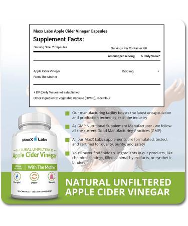 Raw Apple Cider Vinegar Capsules 1500mg - Boost Energy, Immunity, Digestion & Weight Management - 120 Ct - Buy Online on GoSupps.com