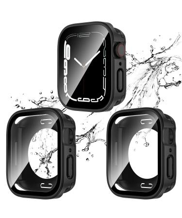 2 Pack 2 in 1 Waterproof Case for Apple Watch Series SE SE2 6 5 4 44mm Straight Edge PC Front & Back Bumper with Tempered Glass Screen Protector 360 Protective Cover for iWatch (44mm Black/Black) 44MM Black/Black