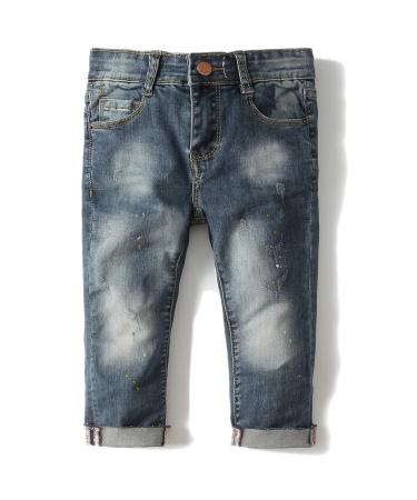 KIDSCOOL SPACE Baby Girl Boy Slim Jeans Little Kid Elastic Band Inside Ripped Denim Pants 2-3 Years Dark Blue-2094