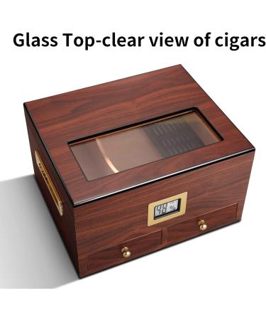 CIGARLOONG Cigar Humidor 35-50 Count Glass Top Large Capacity Cigar Box with Front Hygrometer Humidifier and Accessory Drawer(Brown) - Buy Online on GoSupps.com