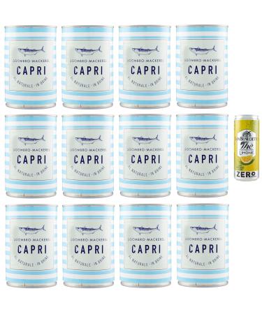San Benedetto Capri Natural Sgombro Pack of 12 natural mackerel in a 425g can + 1 sachet of San Benedetto sugar-free lemon iced tea in a 330ml can