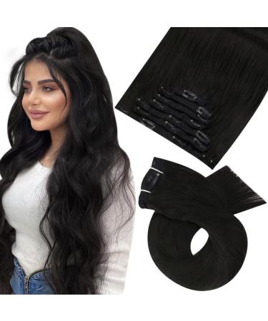 Moresoo Clip in Hair Extensions Real Human Hair Black Hair Extensions Clip in Real Hair Natural Black Clip in Human Hair Extensions 22 Inch 7Pieces/120g #1B 55 cm #1B