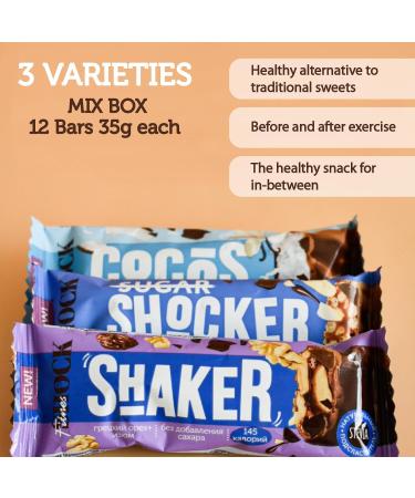 FitnesSHOCK Protein Bar Mix Box in Milk Chocolate Fitness Bars No Added Sugar 12-Pack Protein Bars Low Calorie Soft Nut Bars Low Carb Palm Oil-Free High in Fiber Coconut Walnut Peanut 12x35g Mix Box 35g - Buy Online on GoSupps.com