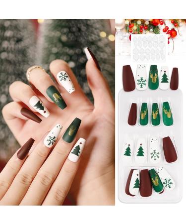 Shop Flofia 72 Pth Short Christmas Fake Nails - Ballerina Style with Snowflakes & Reindeer | DIY Nail Art in Pink White & Green - International Shipping - Buy Online on GoSupps.com