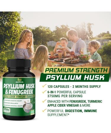 BMVINVOL Psyllium Husk Capsules 3750mg - Fiber Supplement with Fenugreek, Apple Cider Vinegar & Turmeric for Digestive Health - 120 Count - Buy Online on GoSupps.com
