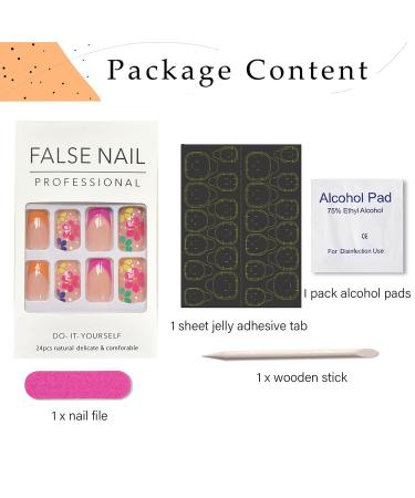 24Pcs Short French Press on Nails - Nude Pink Acrylic Square False Nails with Flower Designs for Women and Girls - Buy Online on GoSupps.com