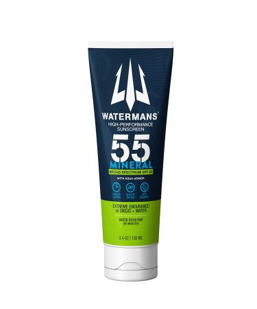 Watermans Mineral SPF 55 Sunscreen with Zinc  Aqua-Armor  Broad Spectrum Sunscreen for Face and Body  Reef Safe Sunscreen  Water Resistant  Mineral Sunscreen