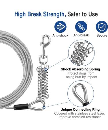 Pawaboo 25ft Heavy Duty Dog Tie Out Leash - 360 Rotating Hook for Small to Large Dogs Up to 125lbs - Durable Silver Cable - Buy Online on GoSupps.com