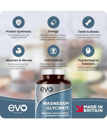 Magnesium Glycinate Supplement - 120 Vegan Capsules | 1875mg Per Serving & 375mg Elemental Magnesium | 100% Daily NRV | High Strength for Maximum Bioavailability | Made in UK by EVO Nutrition - Buy Online on GoSupps.com