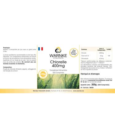 Buy Chlorella 400 mg - Vegan Algae Powder with Chlorophyll & Vitamin B12 - 500 Tablets - Premium Quality from Warnke Vital Substances - Buy Online on GoSupps.com
