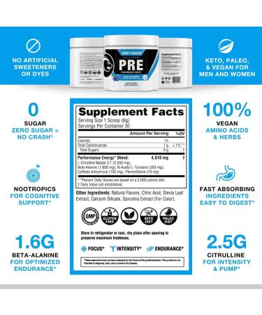 Honey Badger Pre Workout Powder Keto Vegan Preworkout for Men & Women Beta Alanine & Caffeine 30 Servings - Blue Raspberry - Buy Online on GoSupps.com
