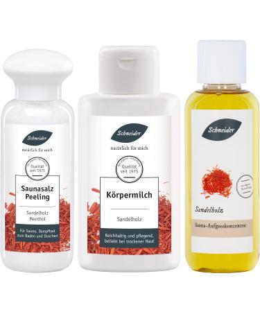 Shop Saunabedarf Schneider Sandalwood Sauna Set - 250ml Infusion 300g Sauna Salt Peeling & 250ml Body Milk | Perfect for Relaxation & Wellness - Buy Online on GoSupps.com