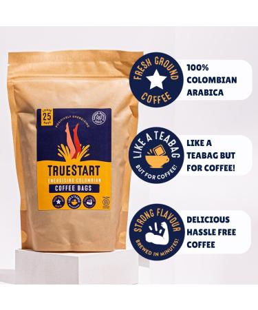 TrueStart Energising Colombian Arabica Loose Coffee Bags - Quick Brew Biodegradable Bags in Recyclable Pouch (25 Count) - Buy Online on GoSupps.com