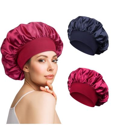2pcs Satin Bonnet Silk Bonnet for Curly Hair Hair Bonnet Silk Hair Wrap for Sleeping Night Sleep Cap for Women (Navy Red)