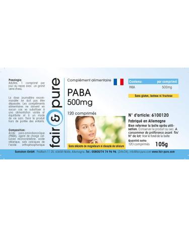 Fair & Pure - PABA 500mg - para-aminobenzoic acid - vitamin B10 - vegan - 120 tablets - Buy Online on GoSupps.com