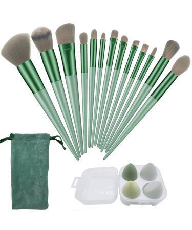Muhuabeauty 13 pcs Makeup Brushes Set with Beauty Blender, Eyeshadow Brush Set with Cloth Bag and 4 pcs Boxed Makeup Sponges for Foundation Green